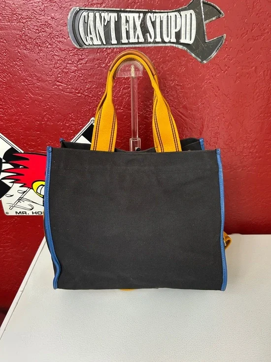 Coach Black Canvas Apple Camp Tote with Yellow Handles and Blue Trim - Picture 6 of 13